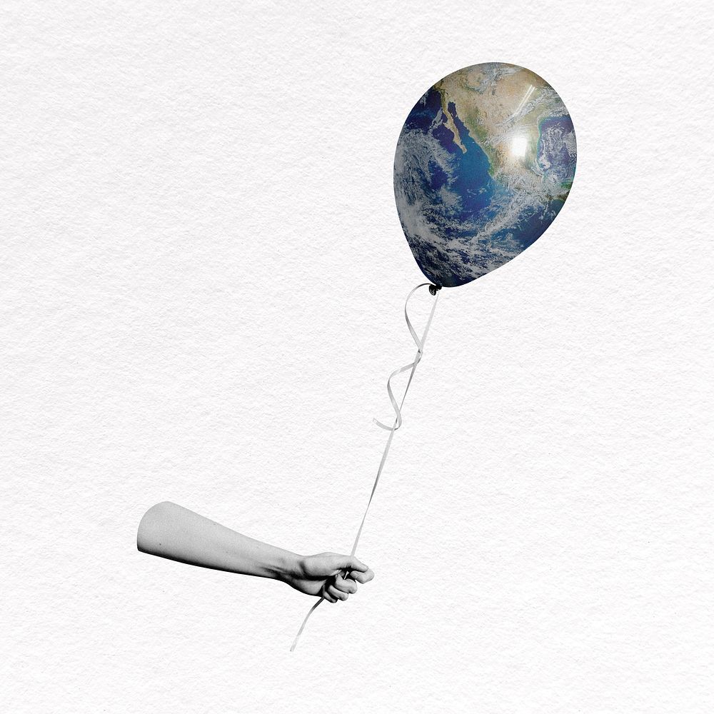Hand holding earth balloon collage element psd