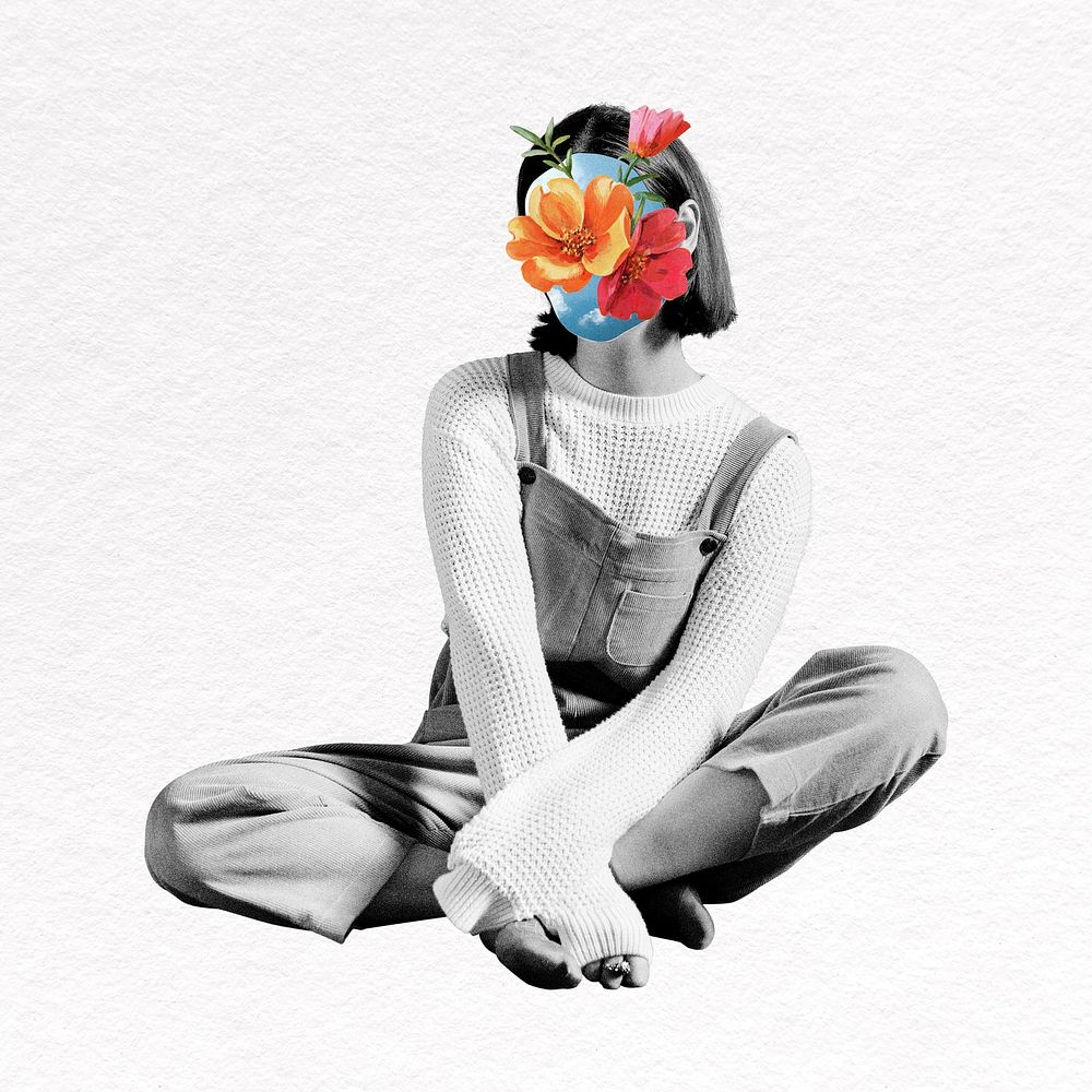 Gray woman collage element, flower face, surreal escapism mixed media psd