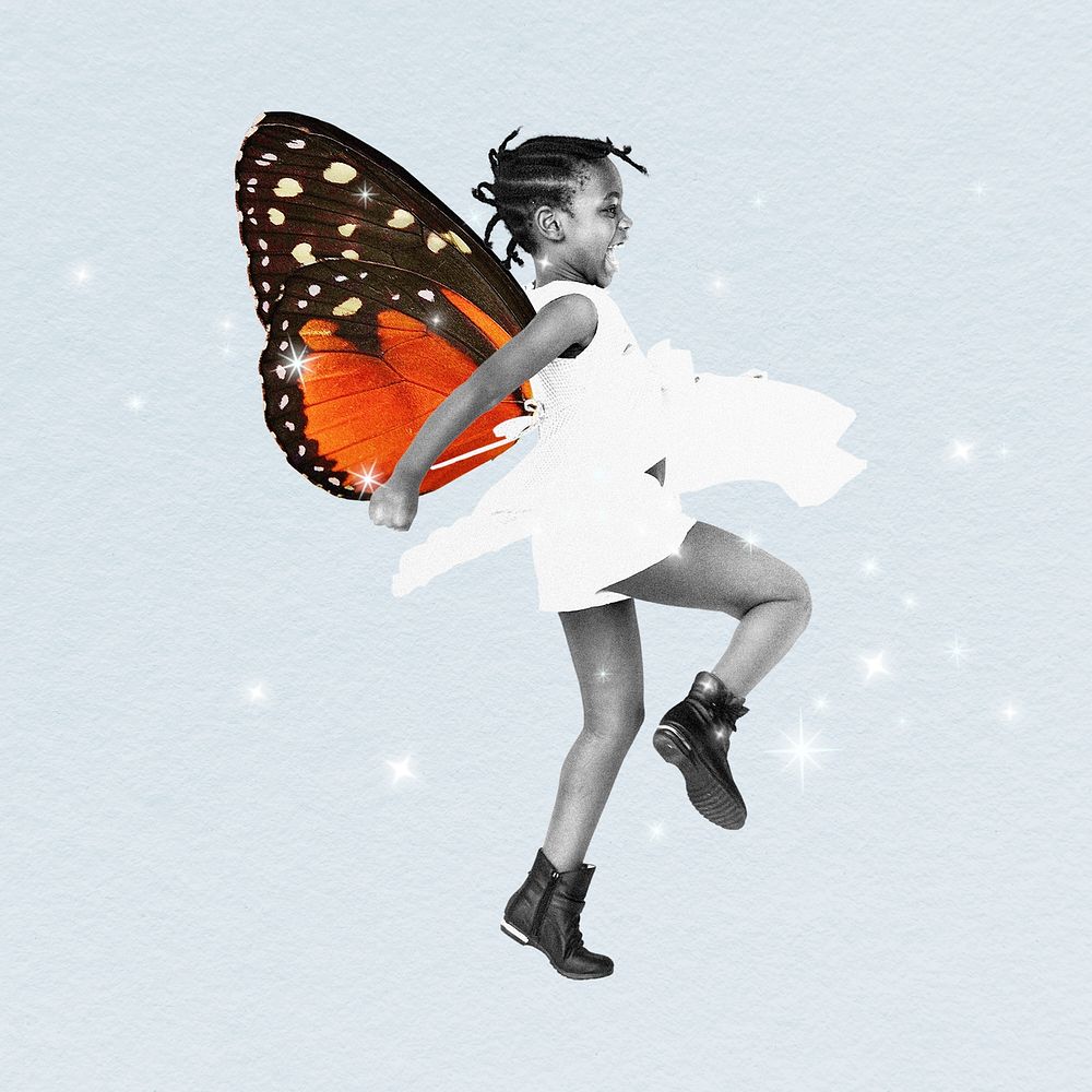 Butterfly wing girl collage element, bling design psd
