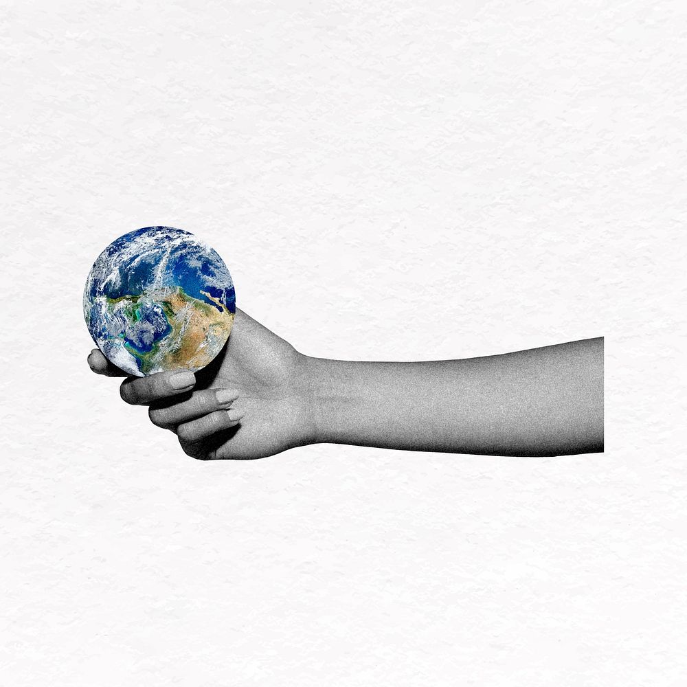 Globe in hand collage element, planet earth design vector