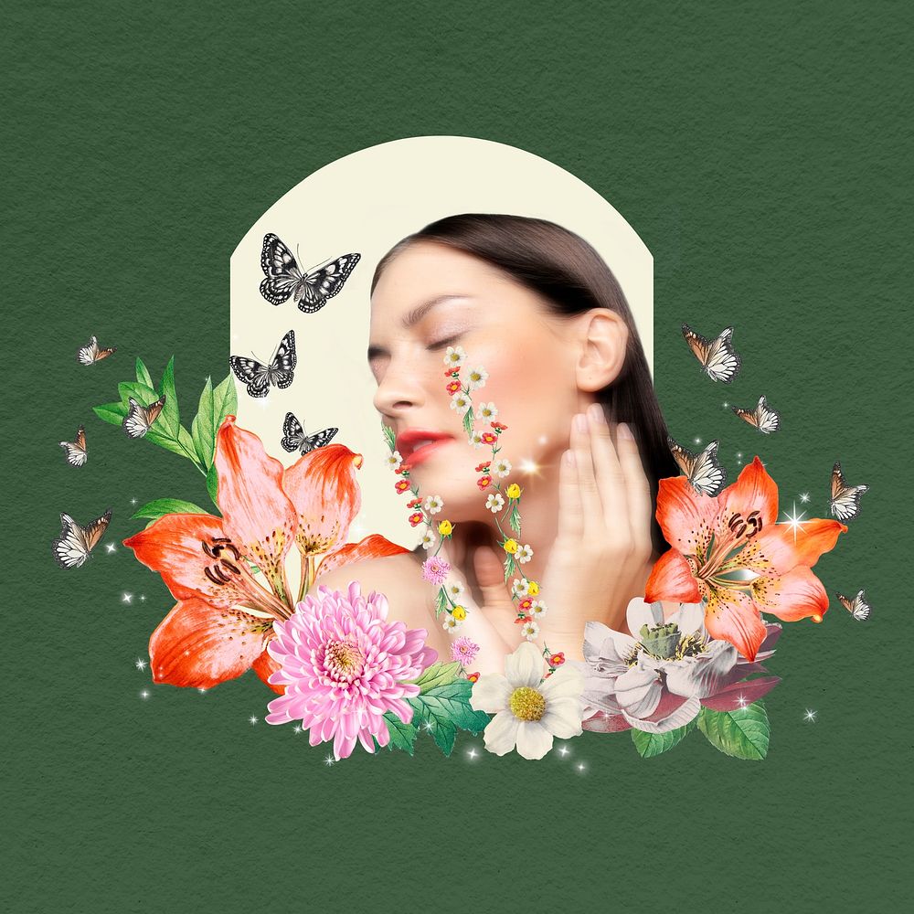 Floral woman collage element, self care psd
