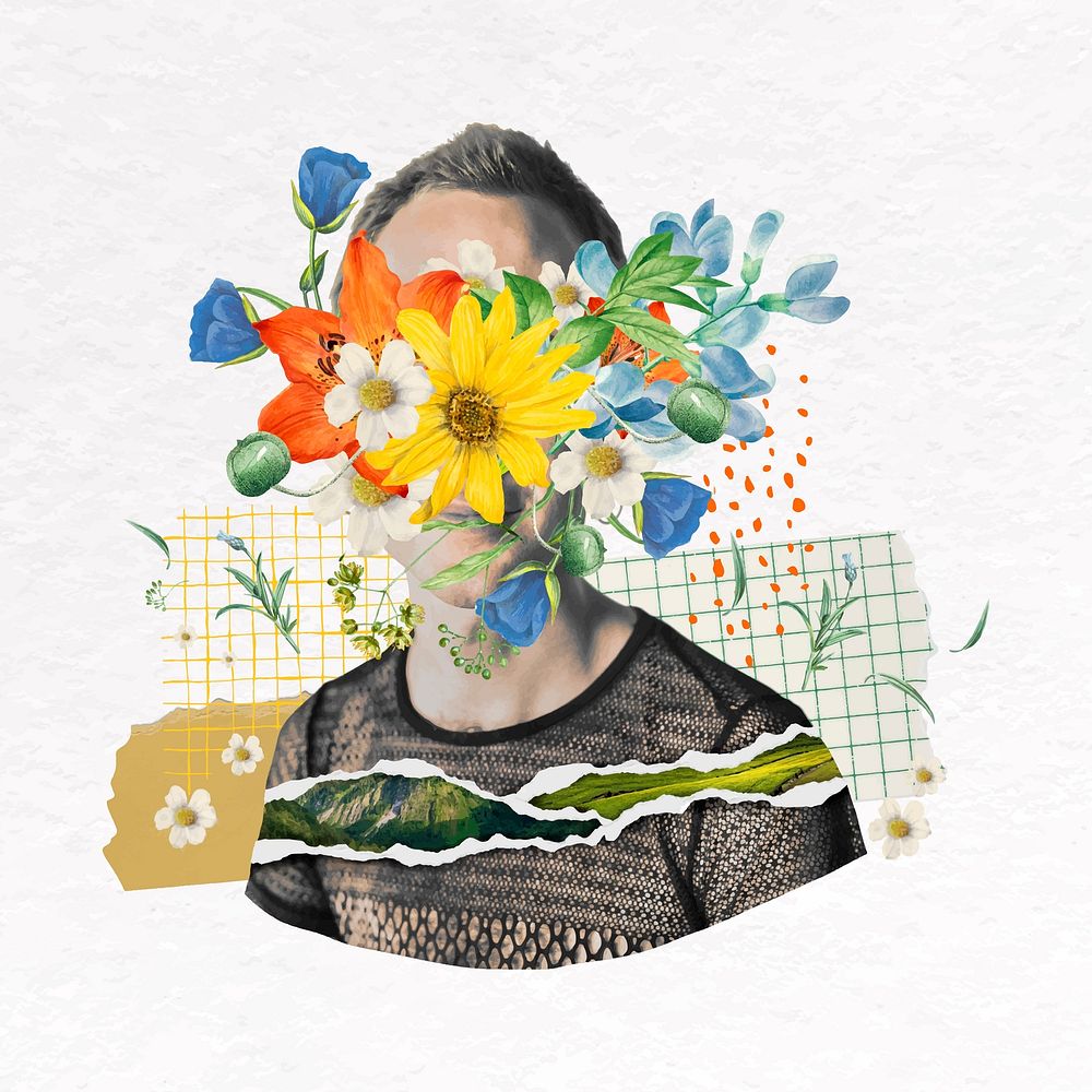 Flower face man collage element, mixed media design vector