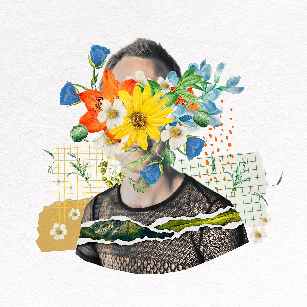 Flower face man collage element, mixed media psd