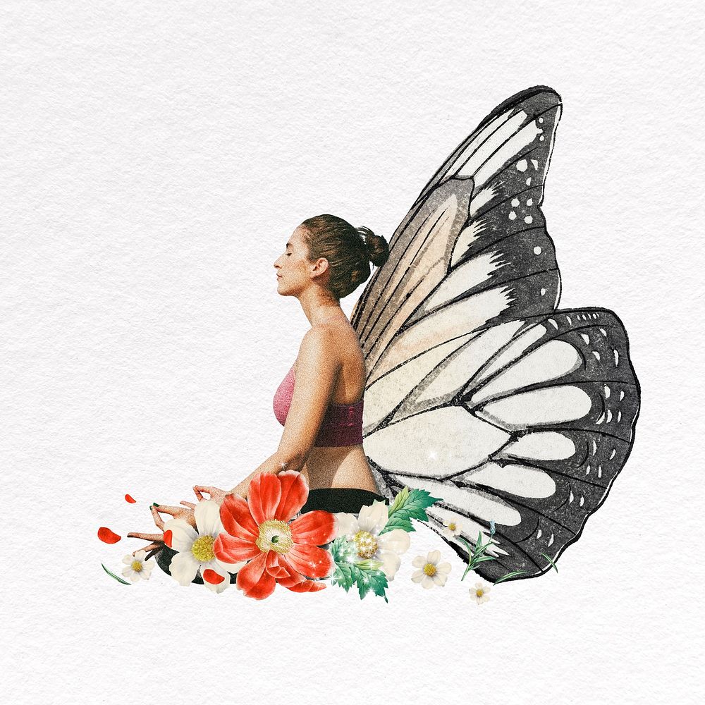 Woman meditation mixed media, flower and butterfly wing