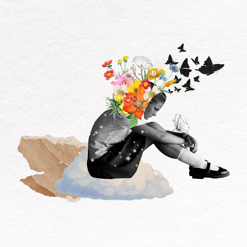 Student's mental health collage element, mixed media psd