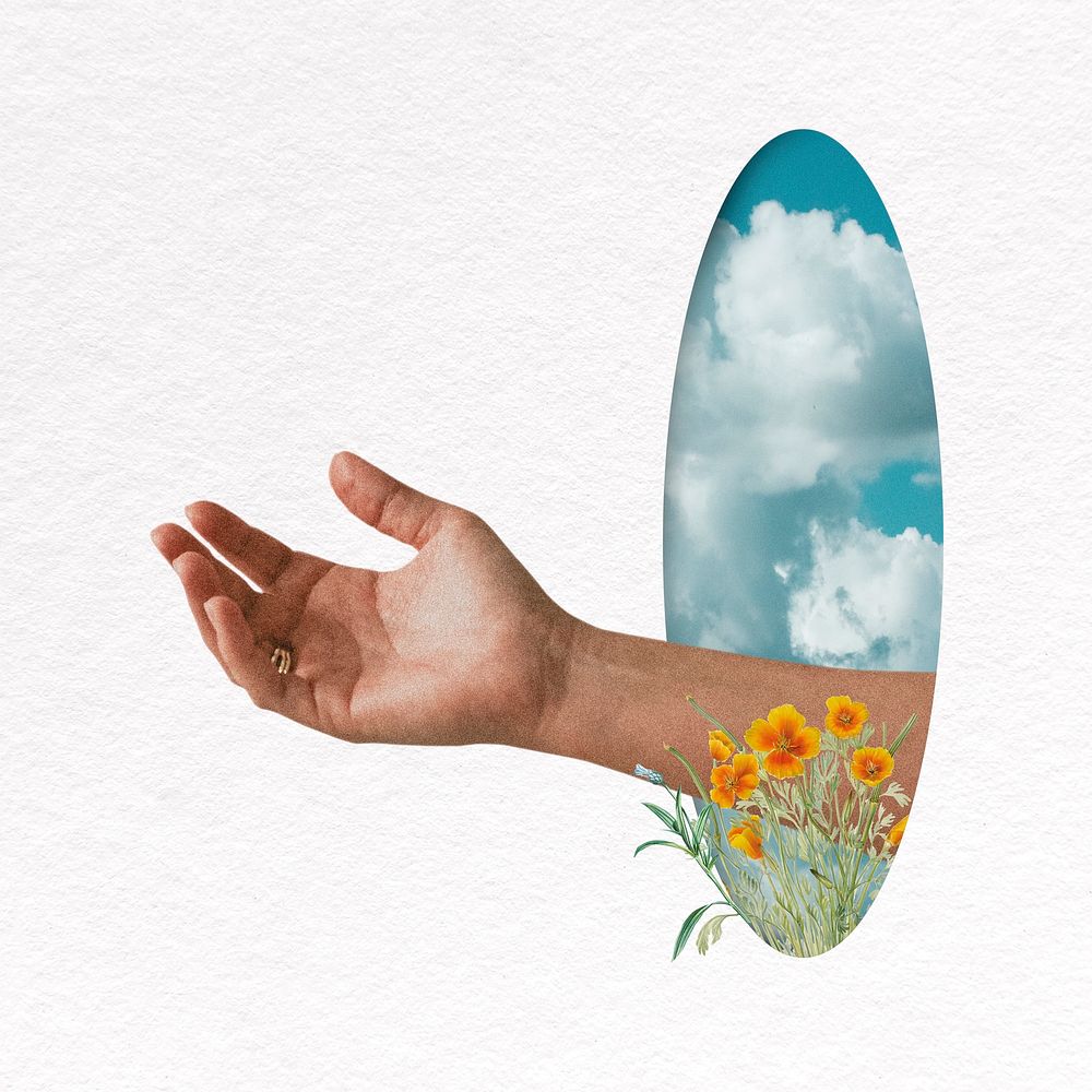 Surreal escapism collage element, hand through sky mirror psd