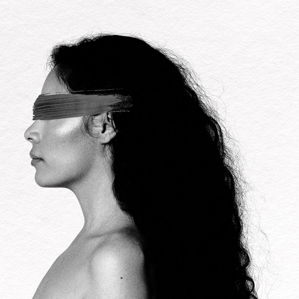 Blindfolded woman collage element, grayscale design psd