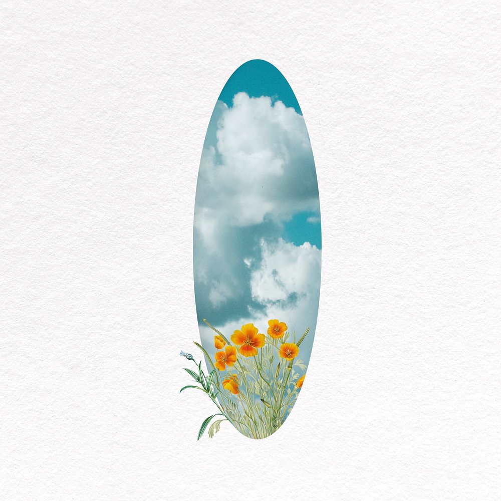 Oval mirror collage element, blue sky reflection psd