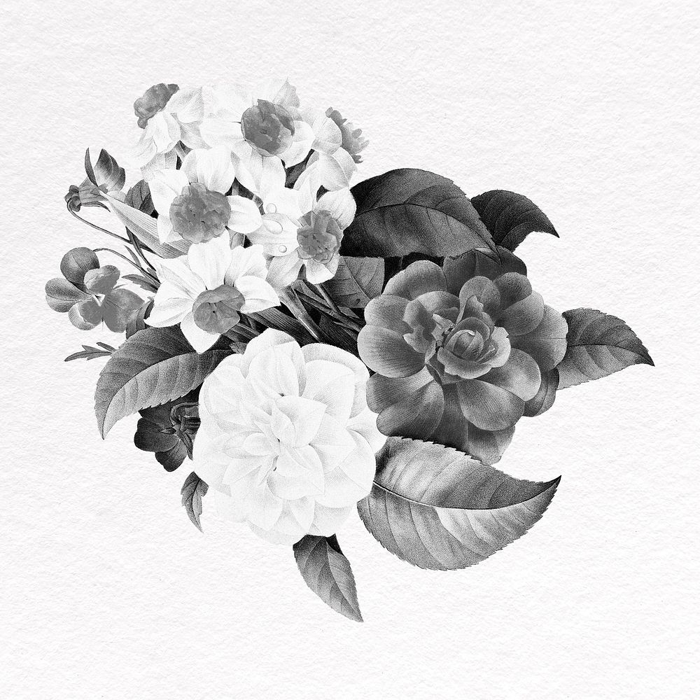 Flower bouquet clipart, gray botanical illustration design