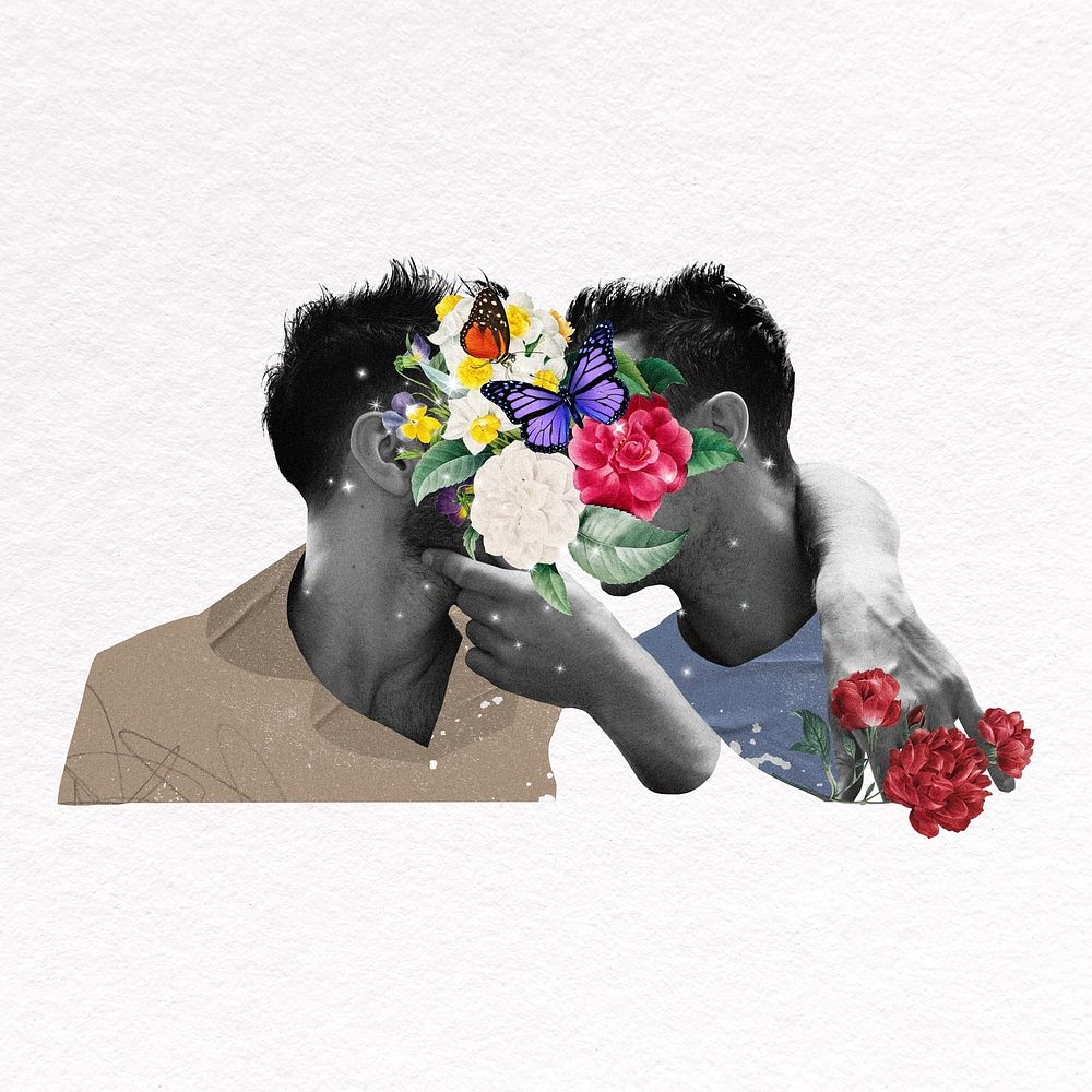 LGBT couple kissing collage element, floral collage art psd