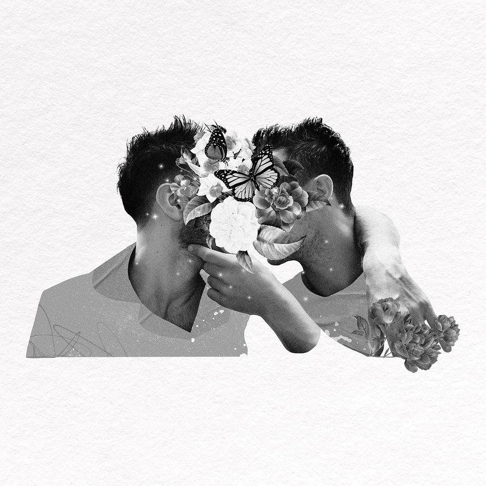 Gay kissing collage element, floral face, gray design psd