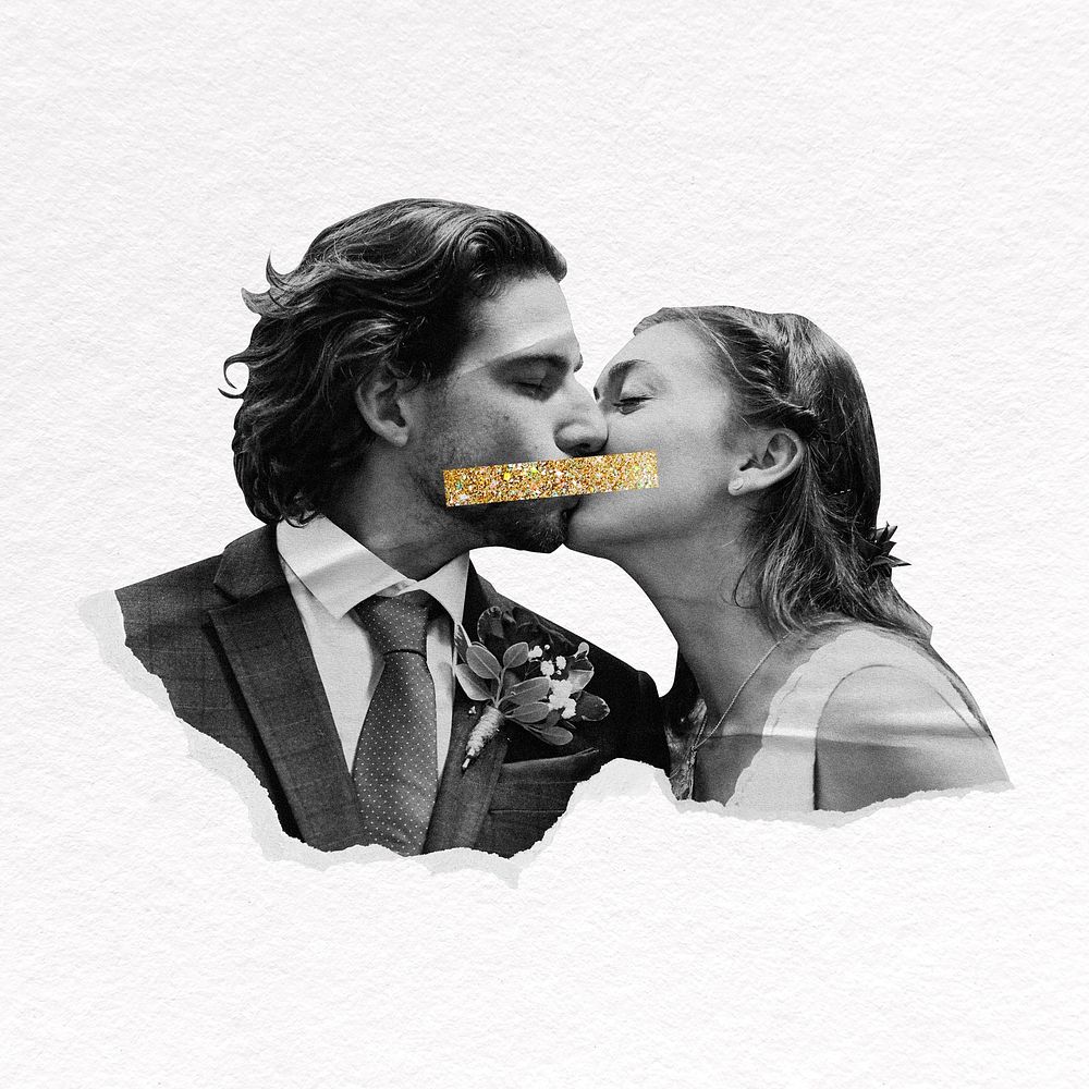Couple kissing mixed media, gold Washi tape design