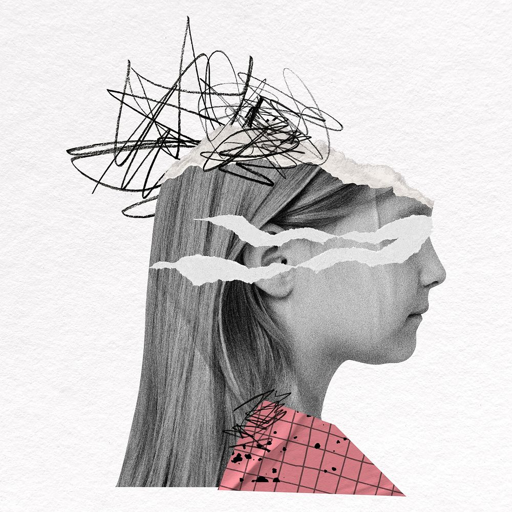 Children's mental health collage element, girl ripped paper psd