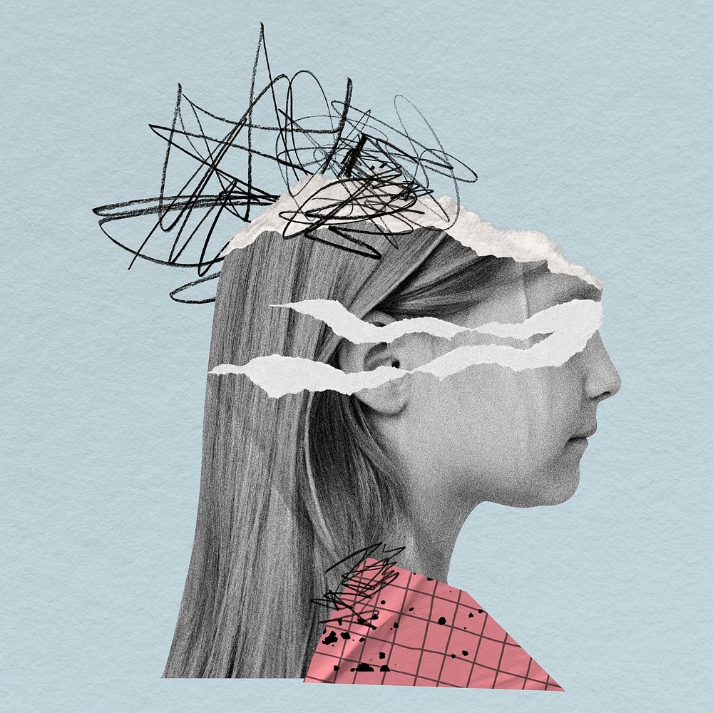 Schoolgirl collage element, mental health in children psd