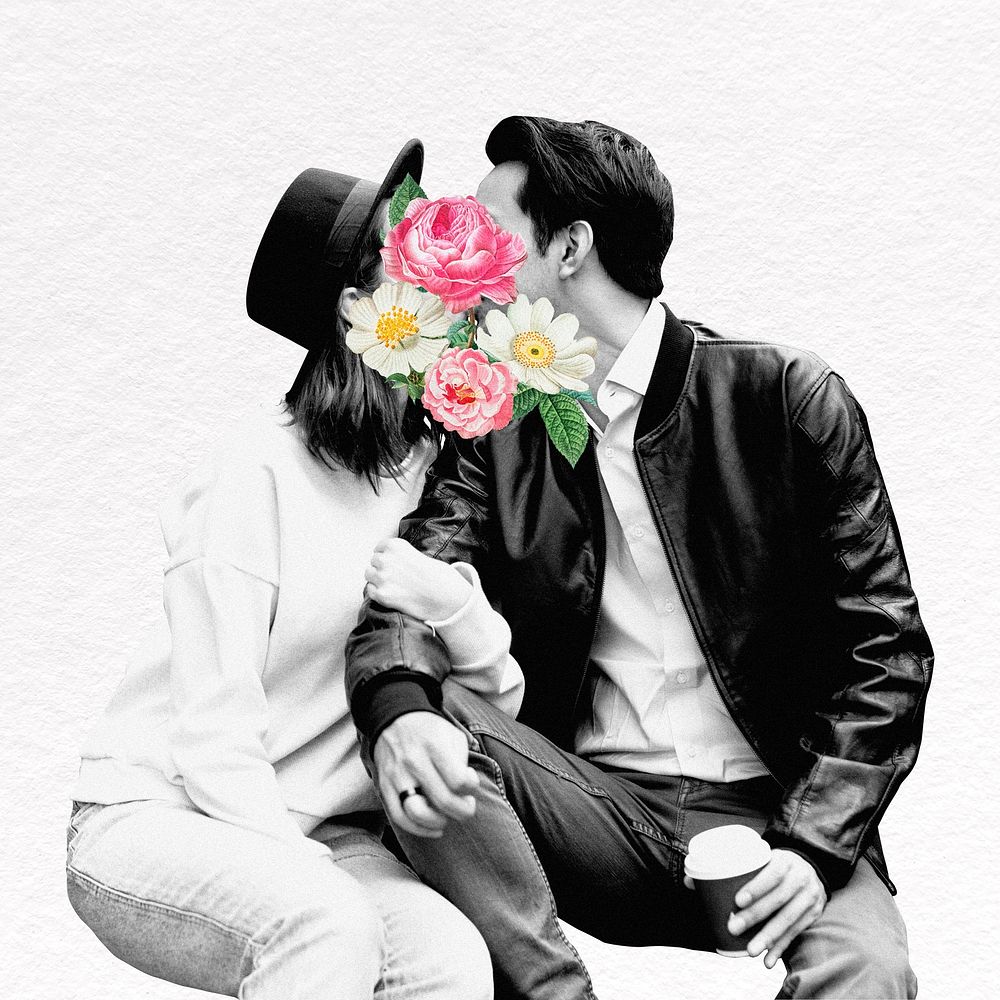 Lovers kissing mixed media, flower collage art design