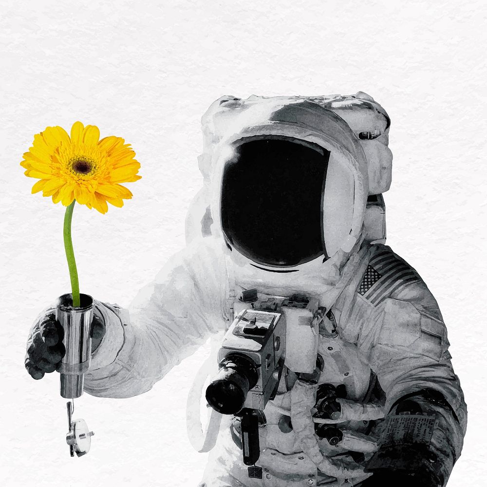 Astronaut collage collage element, sunflower design vector
