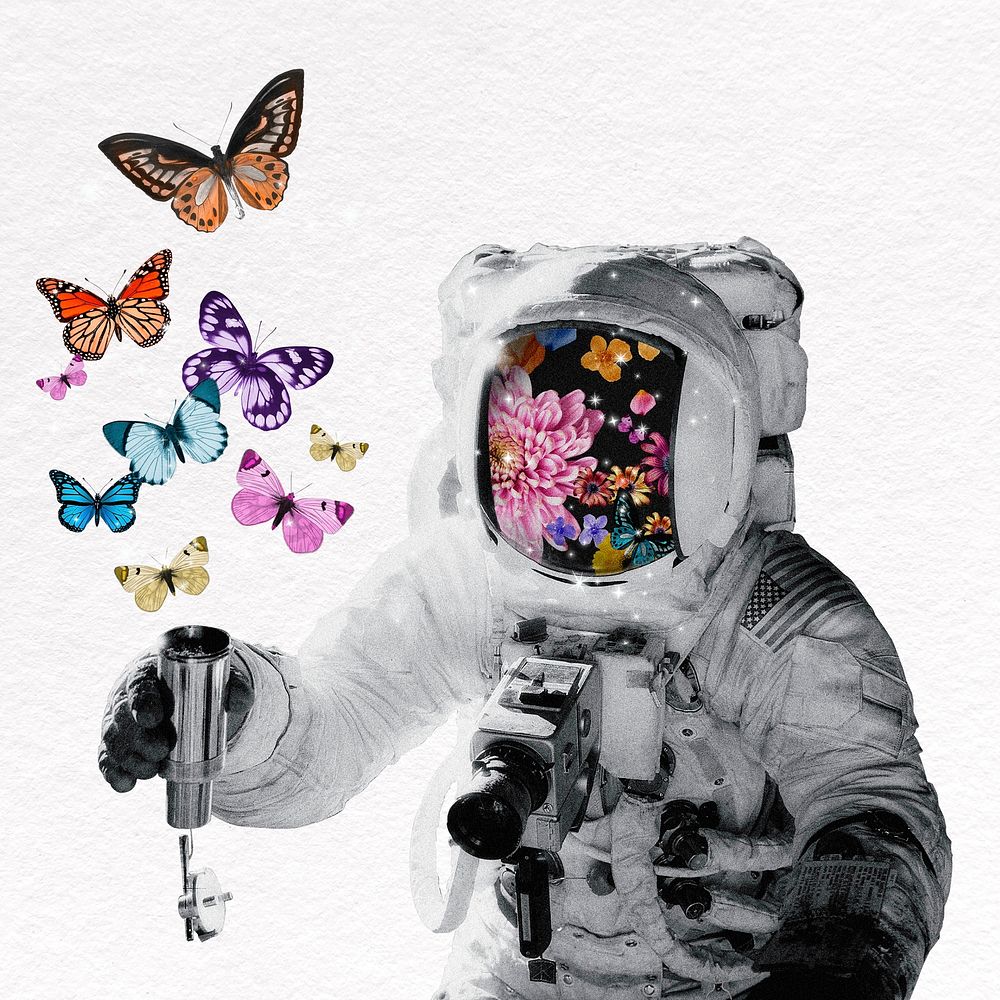 Astronaut collage illustration, butterflies design