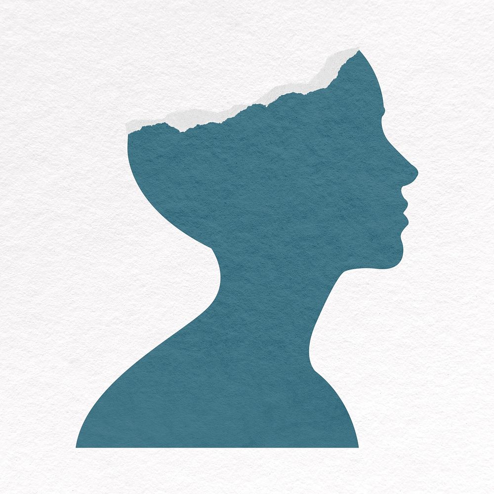 Blue silhouette head clipart, ripped paper psd