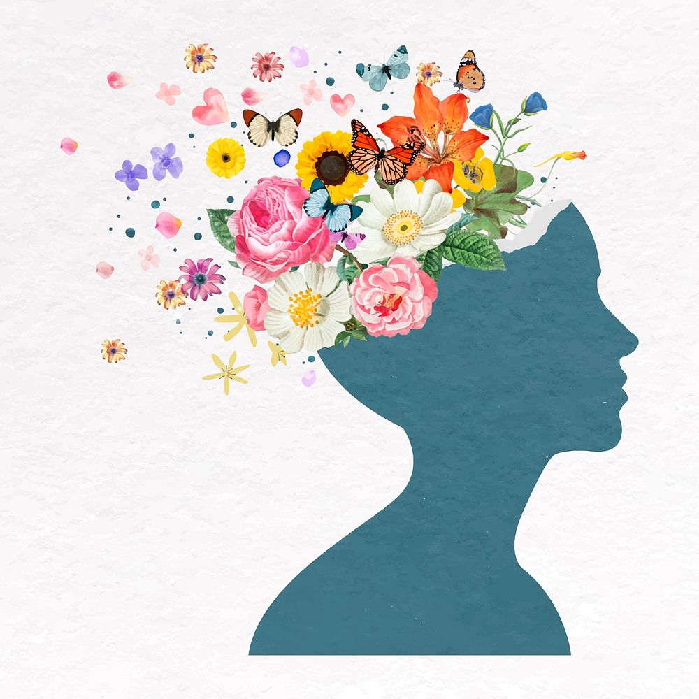 Flower head collage element, blue silhouette design vector