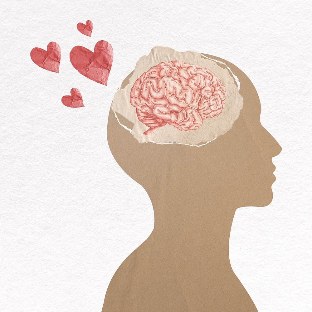 Brain head illustration, love thinking design