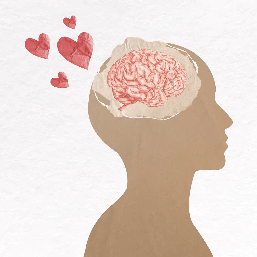 Brain head collage element, love thinking design vector