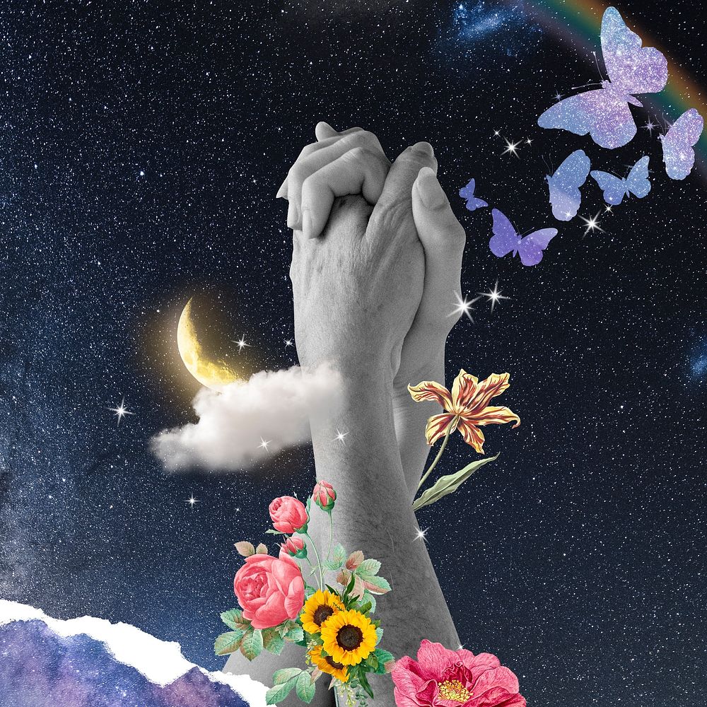 Holding hands collage element, sky surreal mixed media illustration