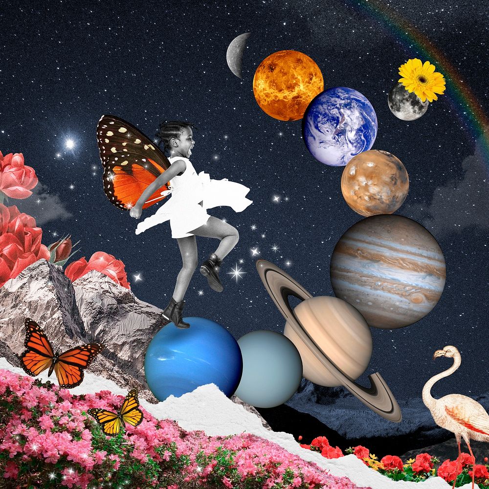 Surreal escapism collage element, planet mixed media illustration
