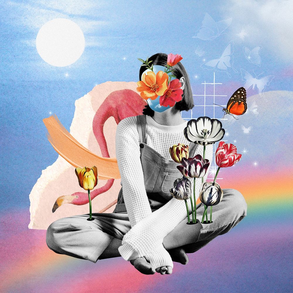 Rainbow sky collage element, woman flower face mixed media illustration