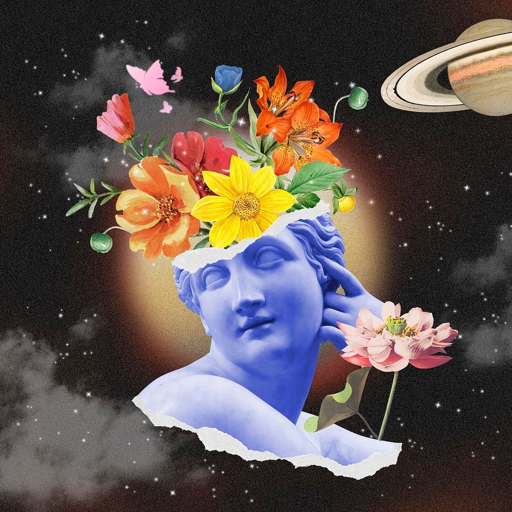 Flora statue head collage element, outer space mixed media illustration