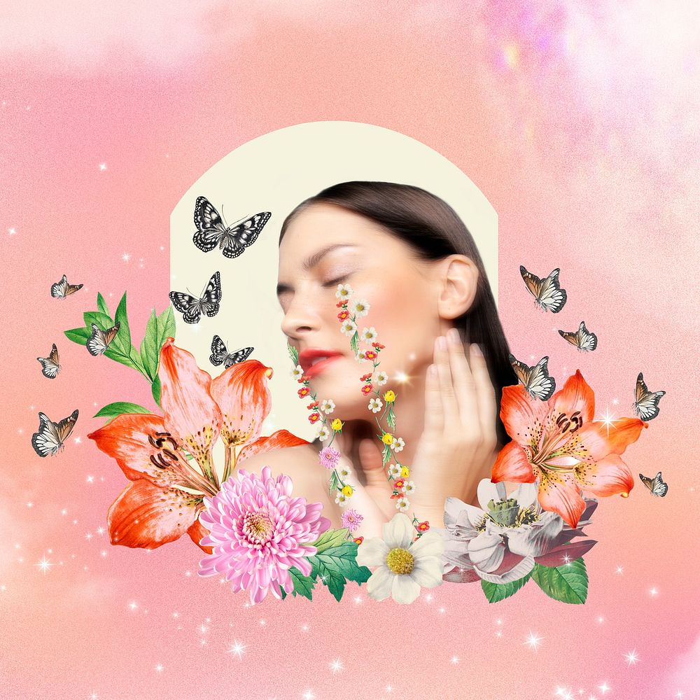 Skincare collage element, self love woman mixed media illustration