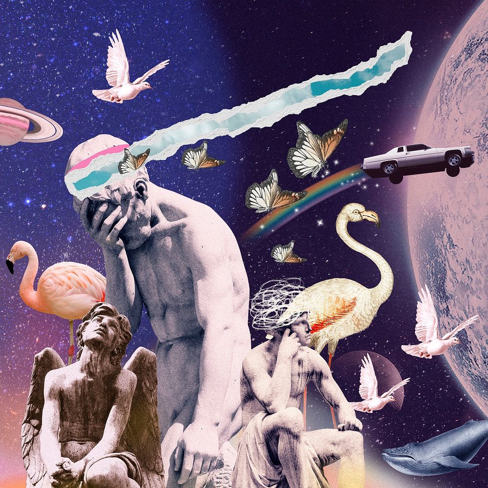 Depression collage art, statue outer space mixed media illustration psd