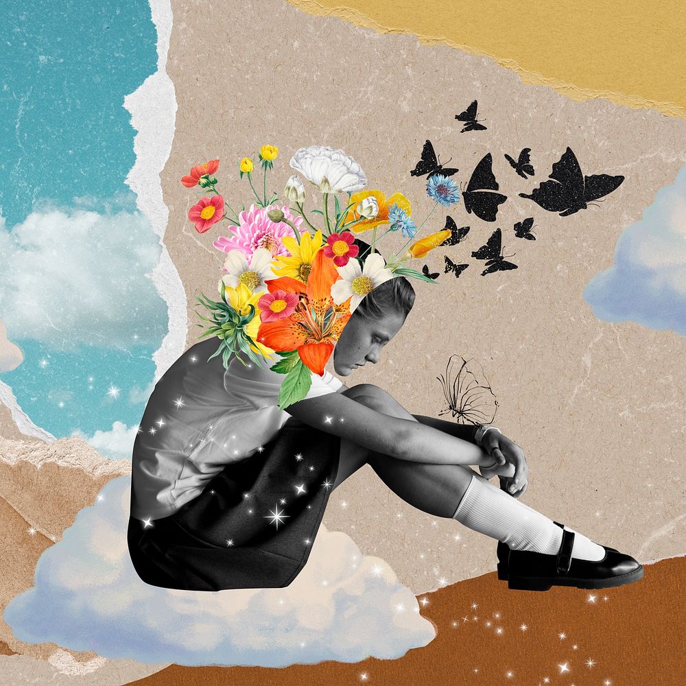 Mental health collage art, bipolar mixed media illustration