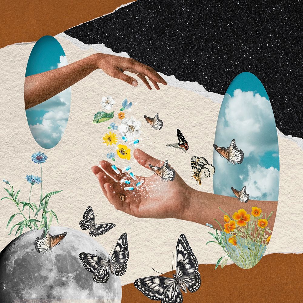 Surreal escapism collage element, hand through sky mirror mixed media illustration
