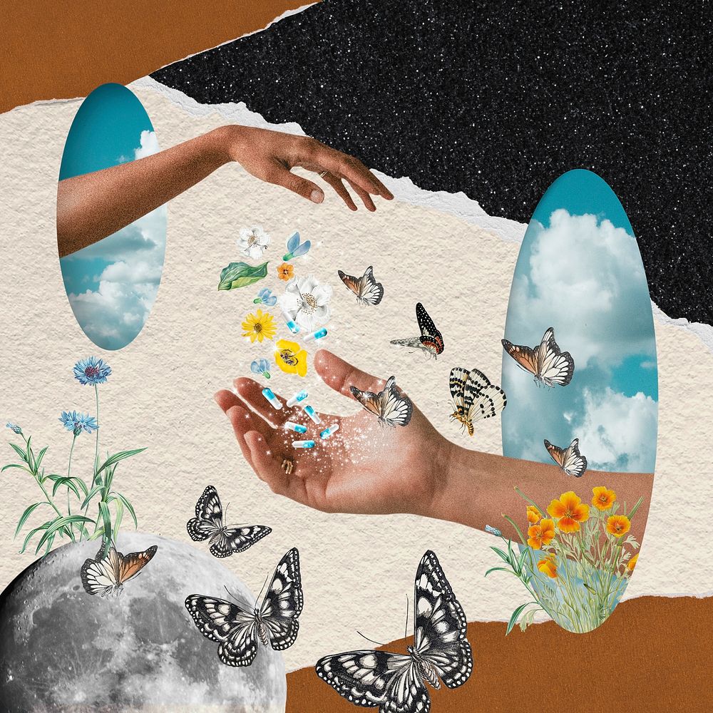 Surreal escapism collage element, hand through sky mirror mixed media illustration psd