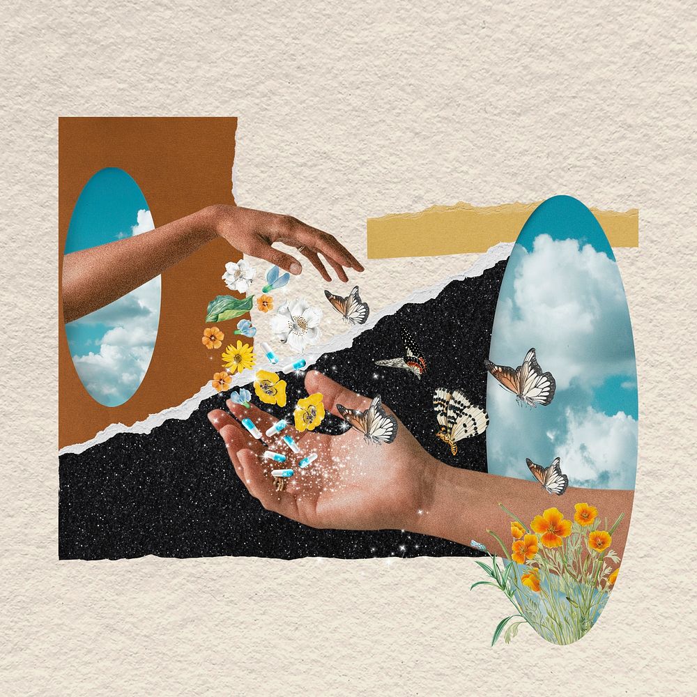 Surreal escapism collage element, blue sky reflection mirror mixed media illustration