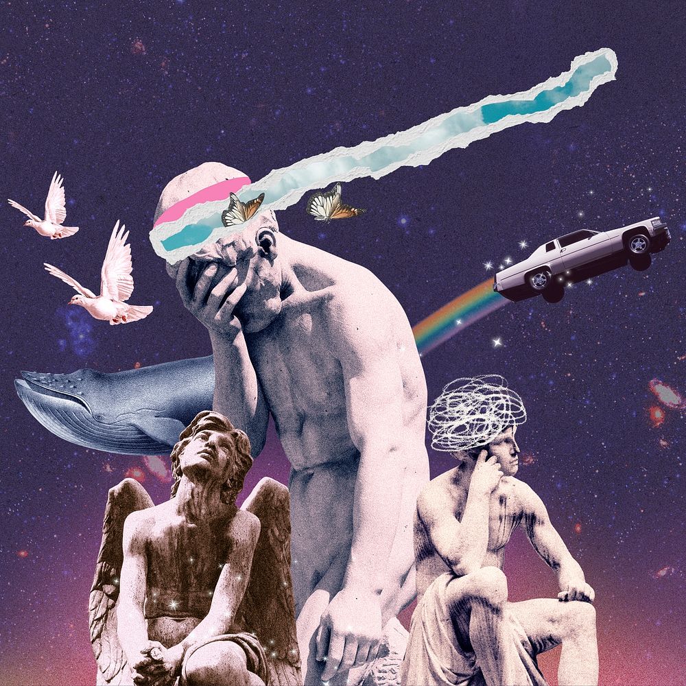 Mental health collage element, statue mixed media illustration
