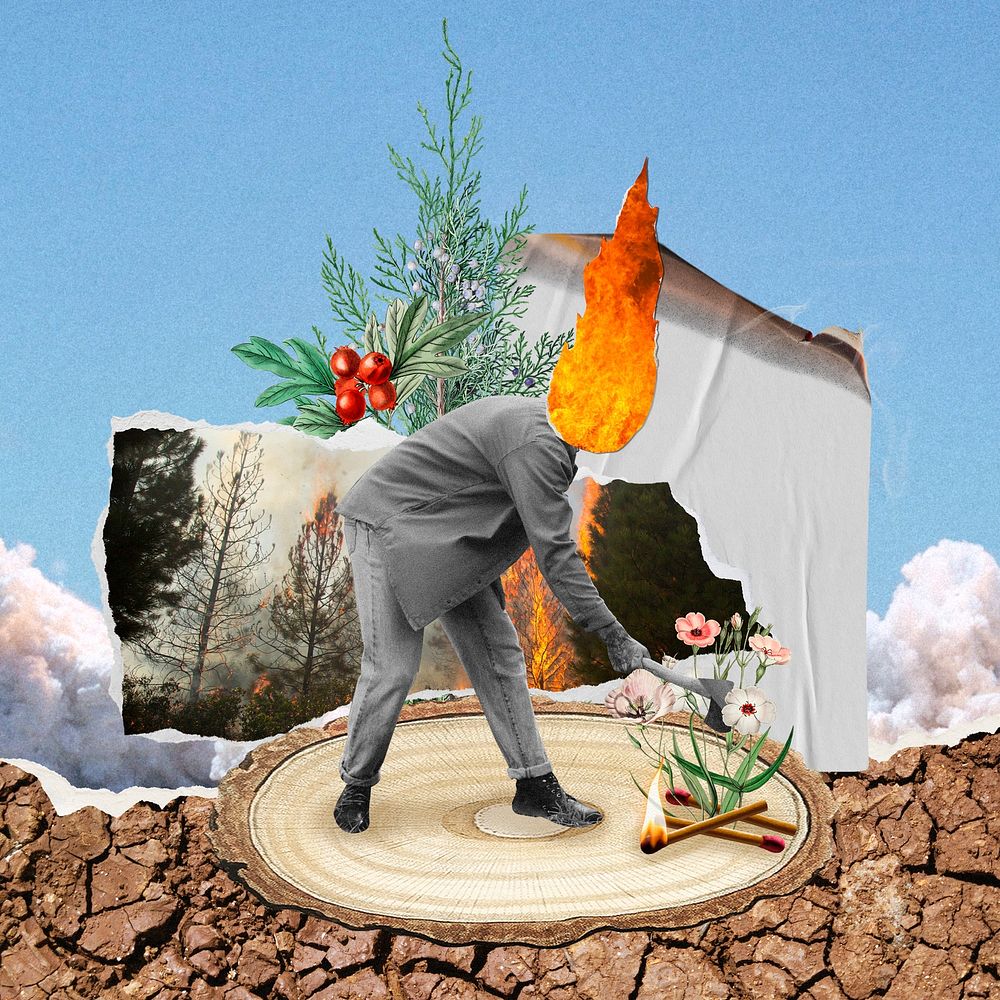Business destroying environment mixed media collage
