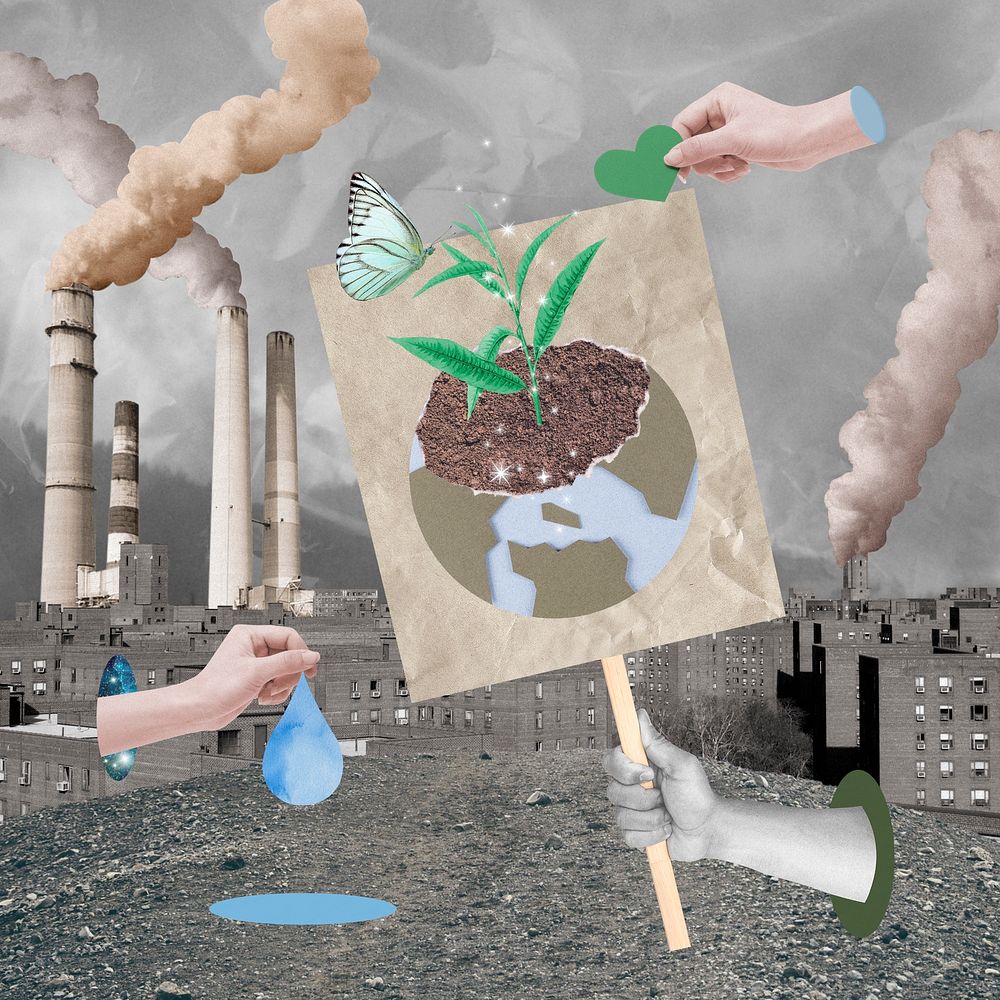 Factory air pollution mixed media collage, environment in crisis