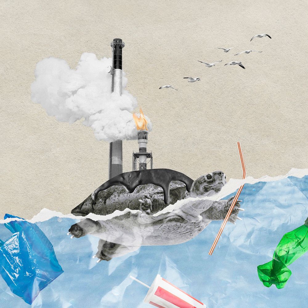 Save the ocean remix collage, turtle swimming in garbage