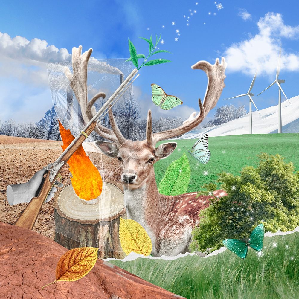 Deer in nature mixed media collage