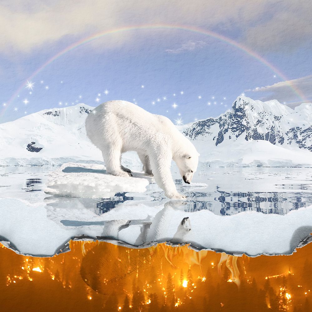 Polar bear on melting glacier background, surreal environment design 