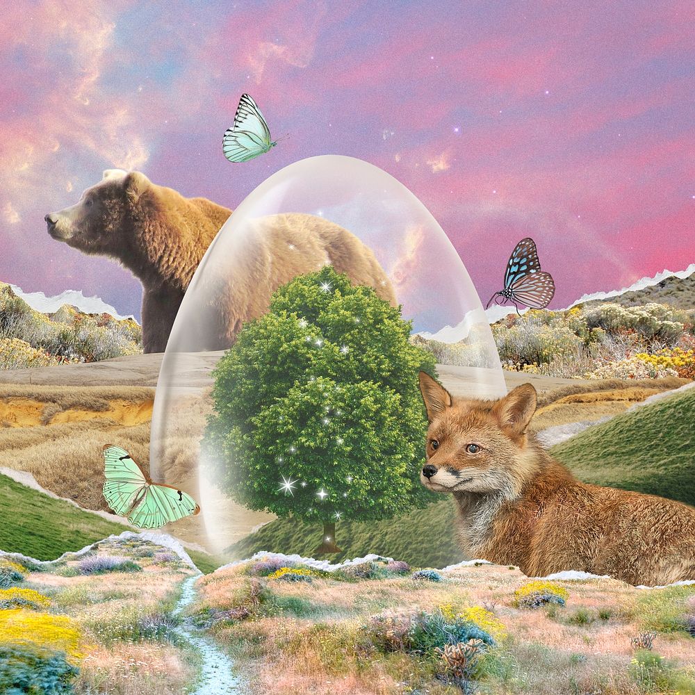 Surreal nature collage, protected animals psd
