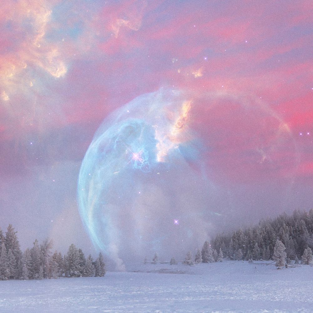 Aesthetic pink nature background, winter landscape remix