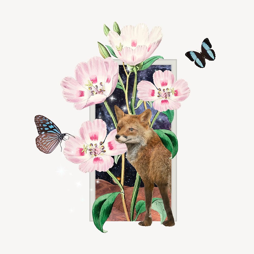Floral fox, surreal escapism badge vector