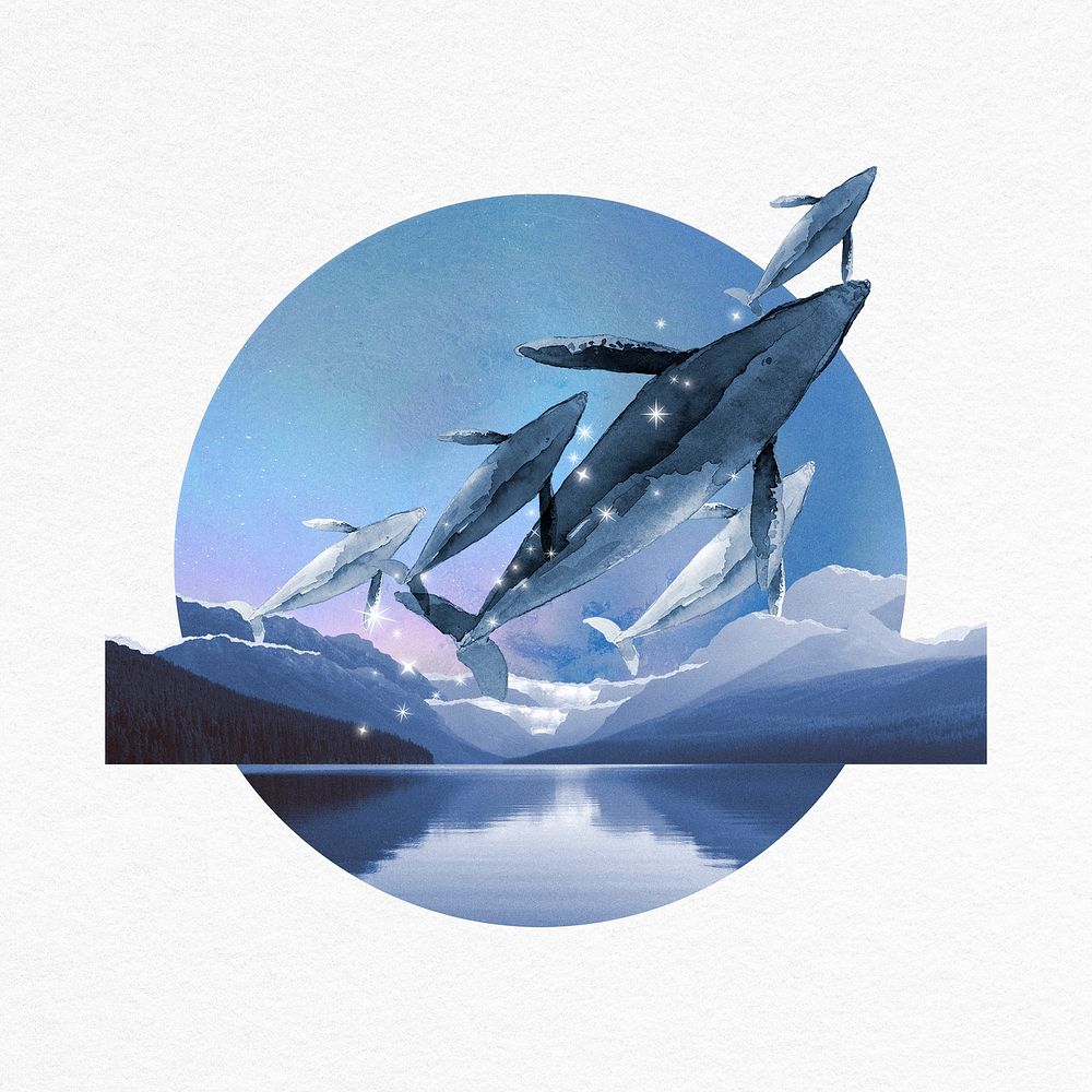Jumping whale round collage element psd