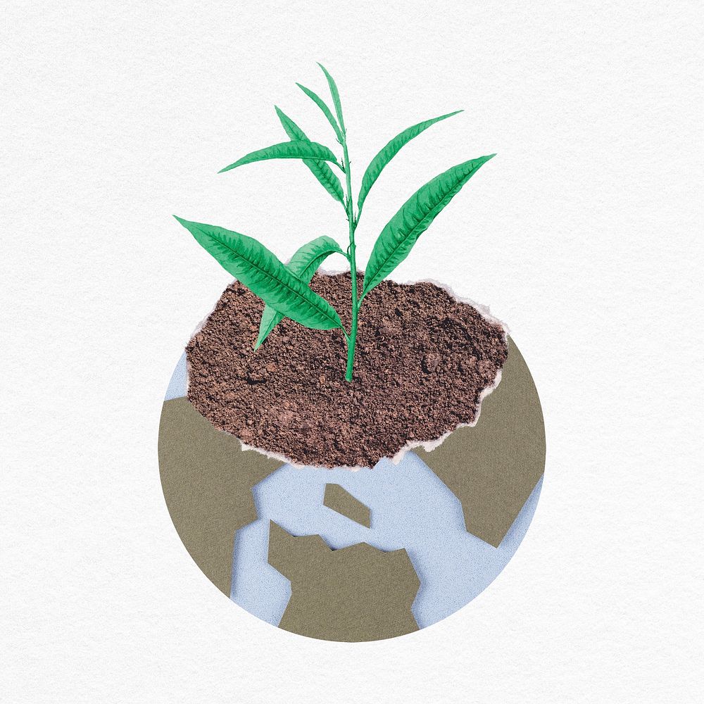 Plant growing from globe, nature mixed media 