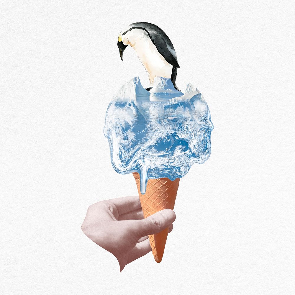Sad penguin on ice cream, surreal global warming design