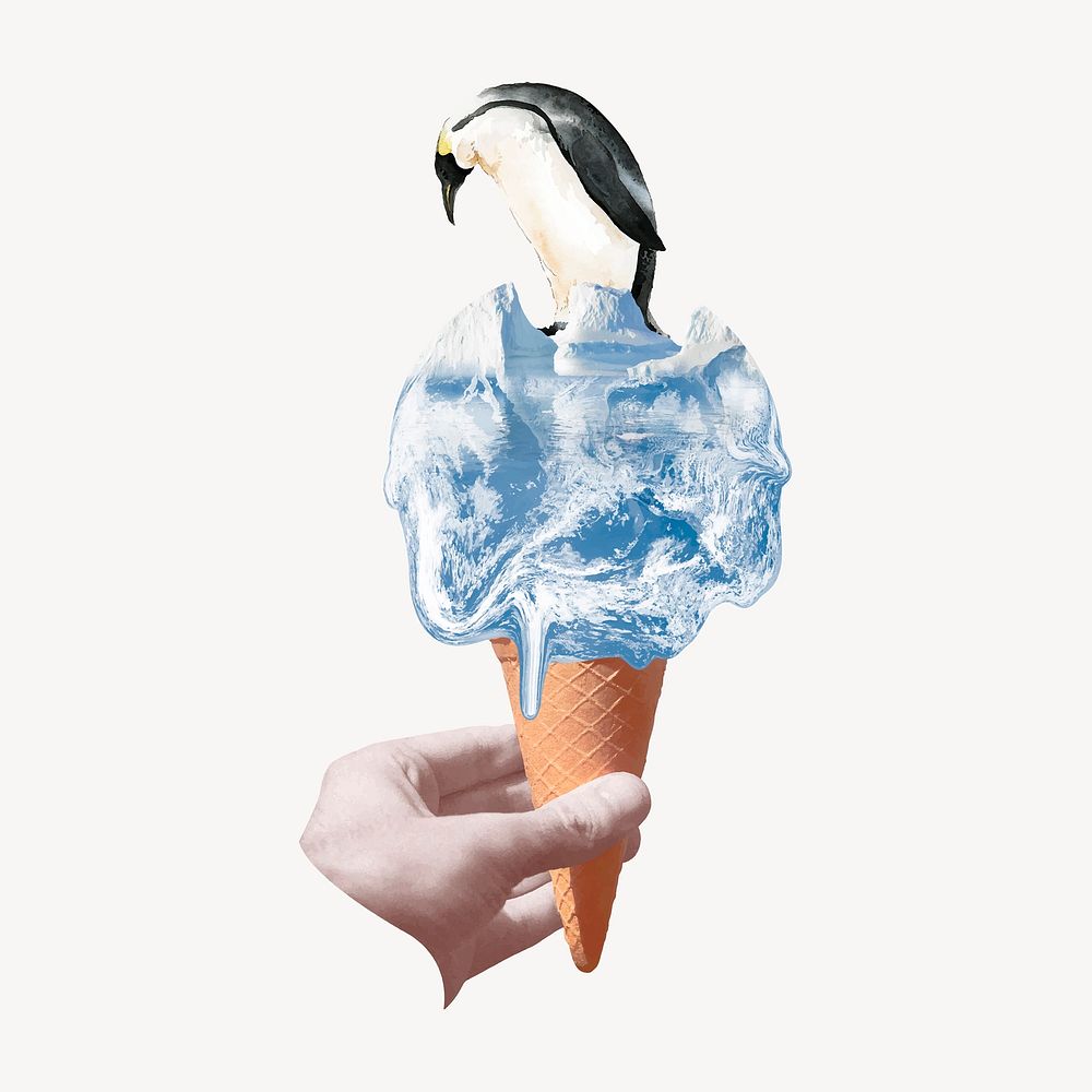 Sad penguin surreal collage element, global warming vector