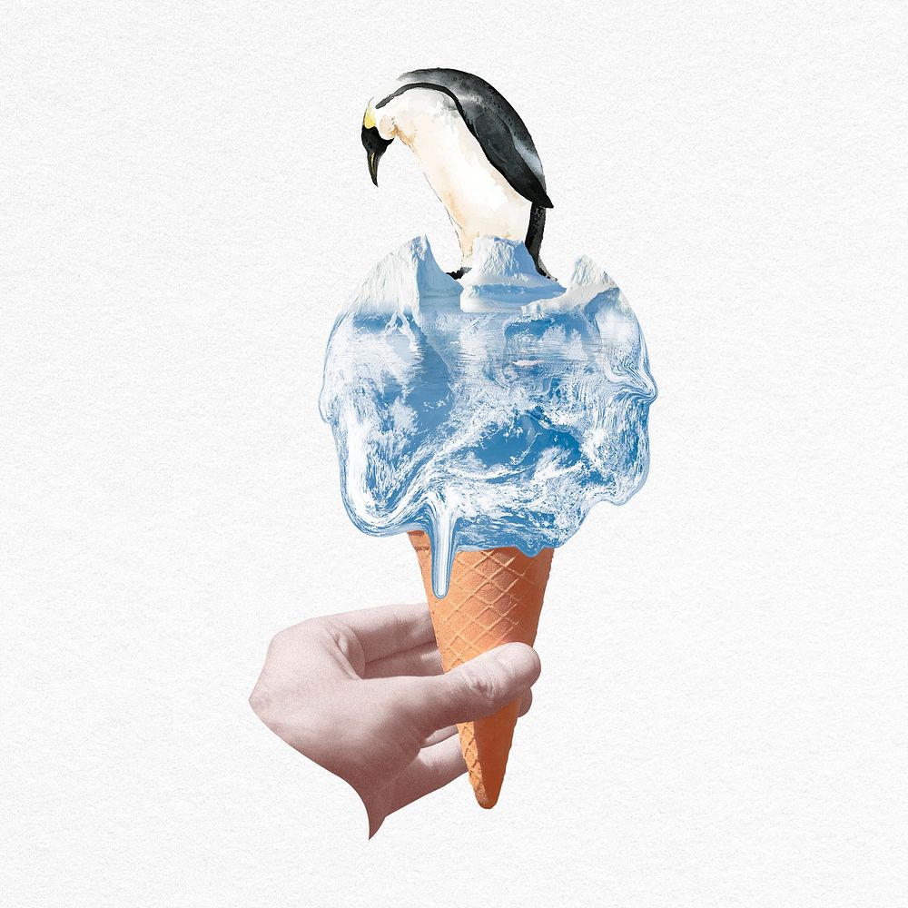 Sad penguin surreal collage element, global warming psd