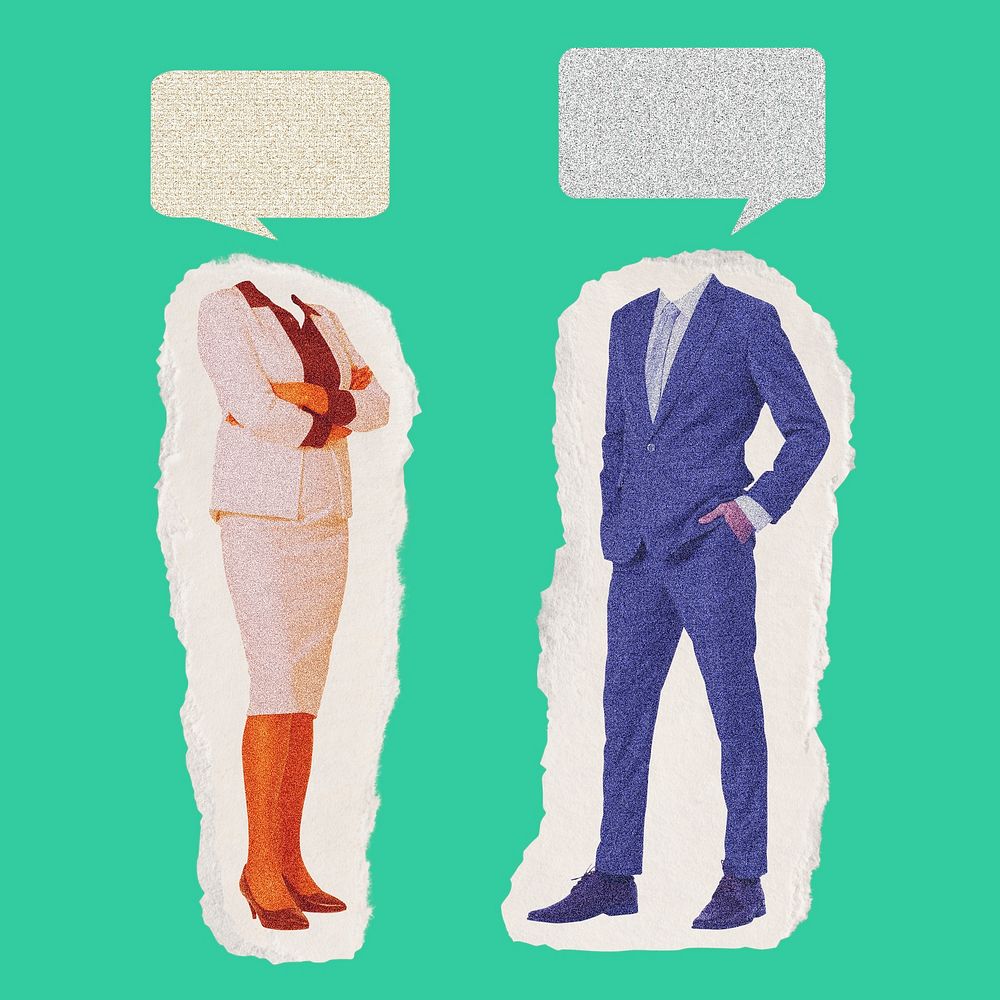 Business people and speech bubble on ripped paper collage element 